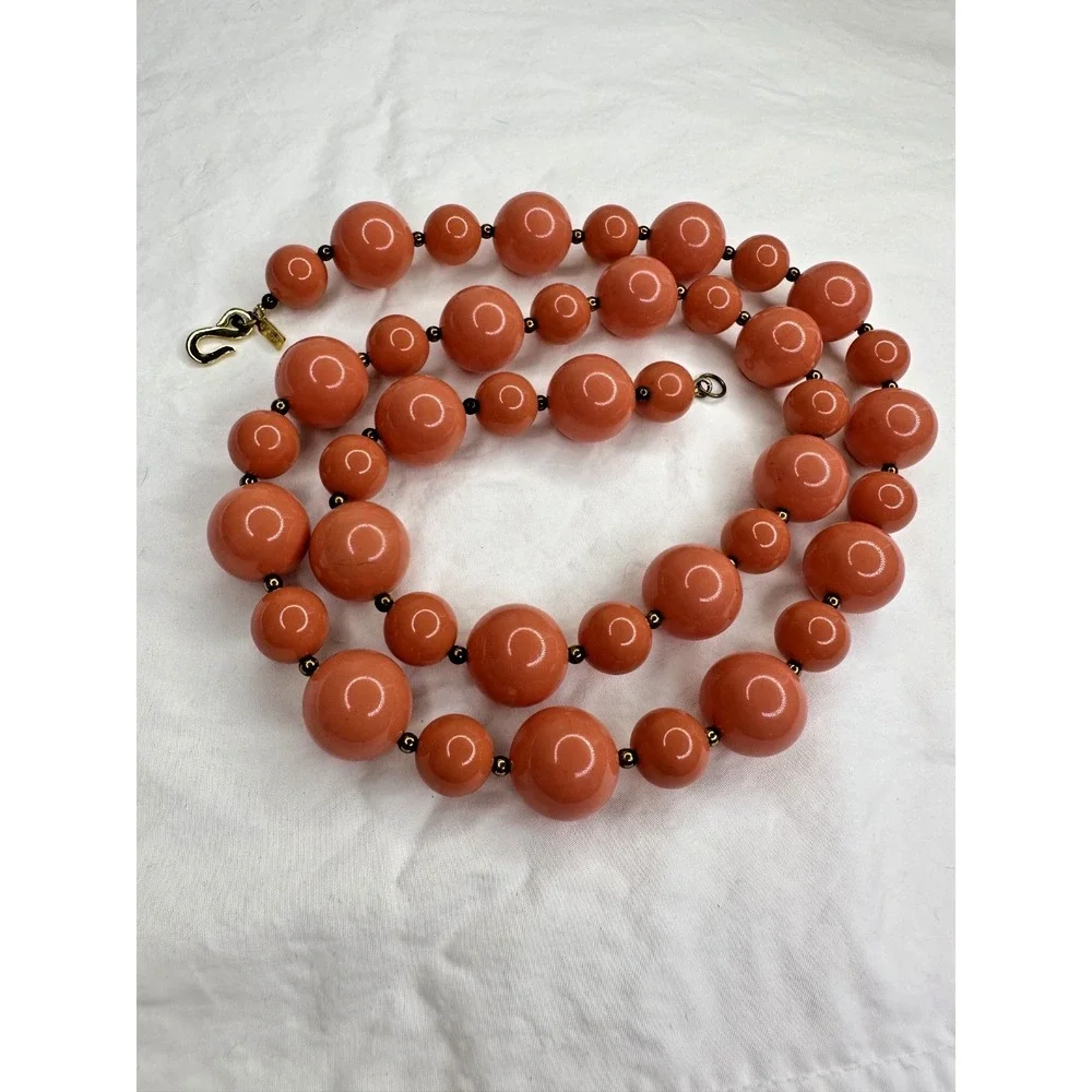 Kenneth J Lane necklace Beaded Orange Chunky Round Gold Tone Long 28" VTG - Picture 3 of 9